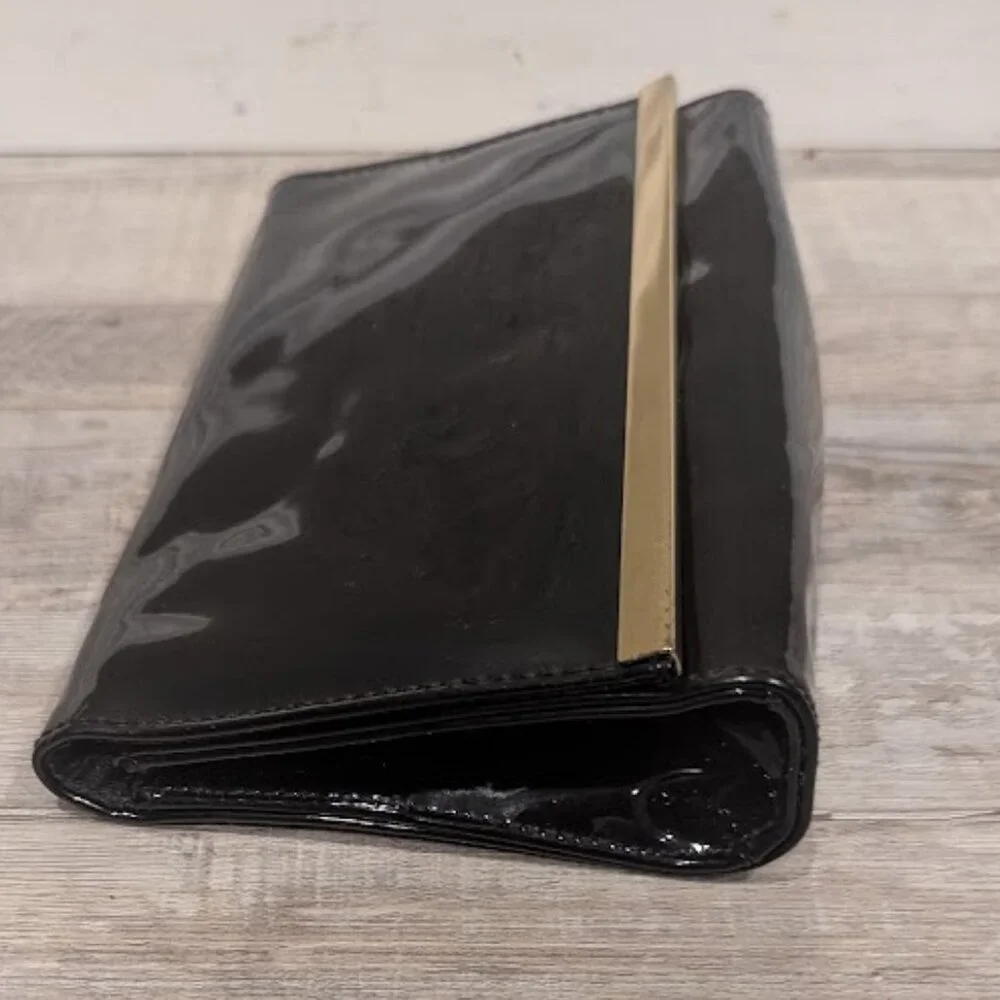 Estée Lauder Black Patent Glossy Evening Clutch | Gold Bar Trim
